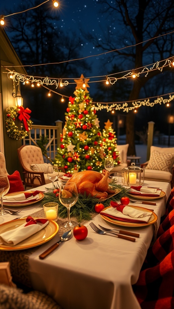 Outdoor Christmas dinner table with roasted turkey, seasonal vegetables, and festive decorations under a starry sky.
